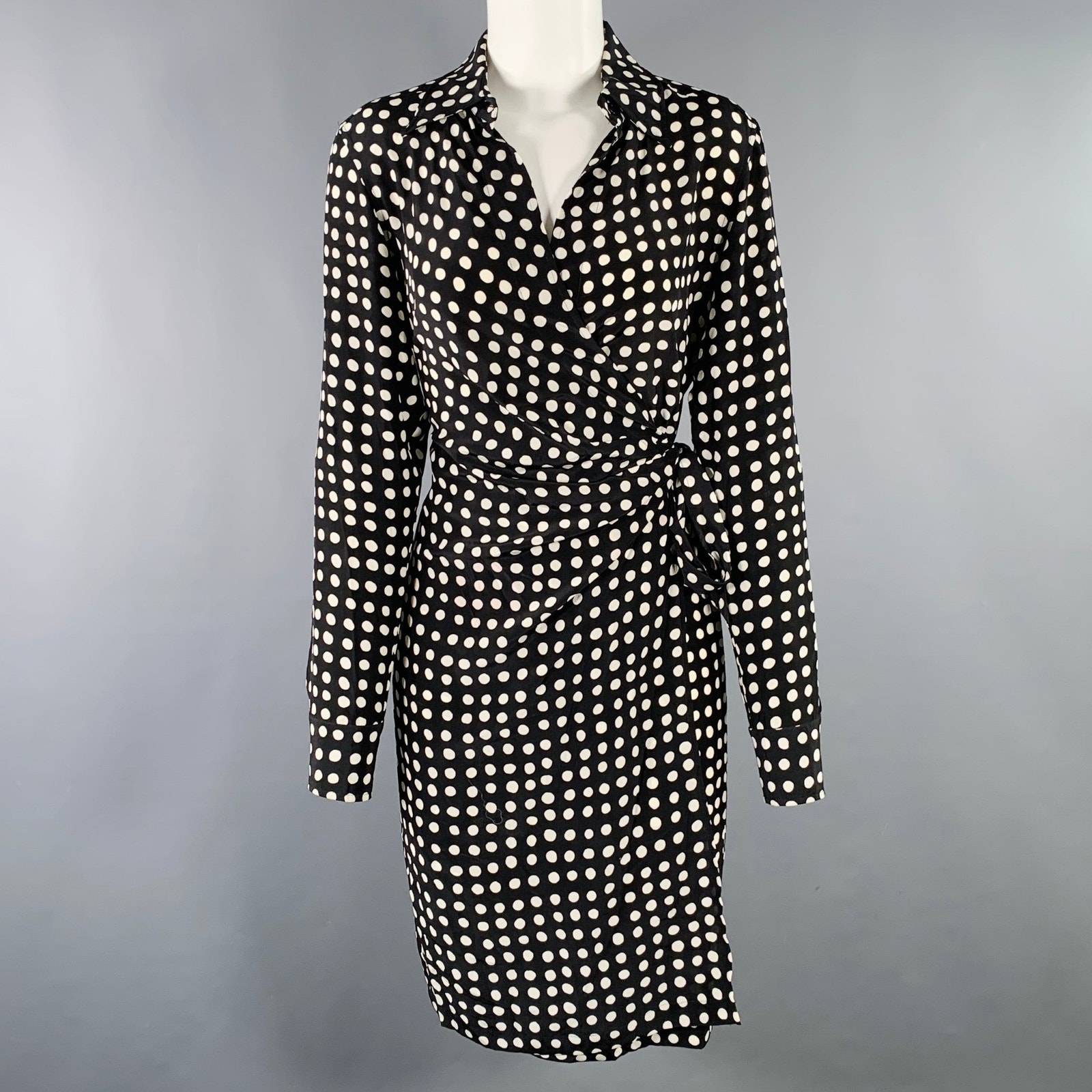 Max Mara Size 4 Black White Silk Polka Dot Wrap Dress